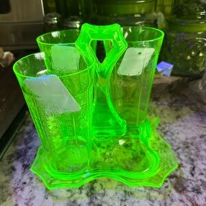 Vintage Uranium Glass Set with Holder